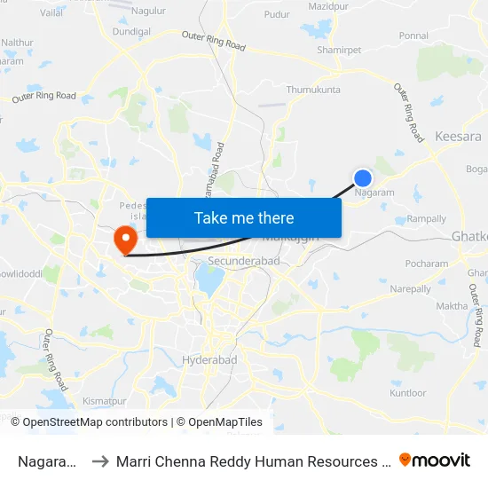 Nagaram Road to Marri Chenna Reddy Human Resources Development Institute map