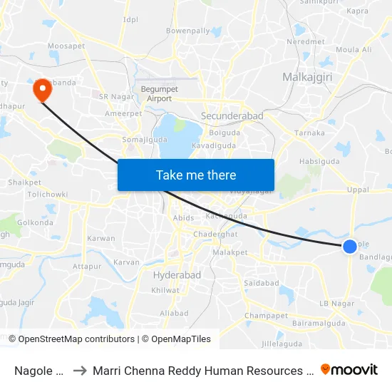 Nagole X Road to Marri Chenna Reddy Human Resources Development Institute map