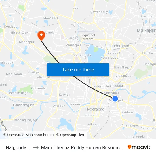Nalgonda X Roads to Marri Chenna Reddy Human Resources Development Institute map
