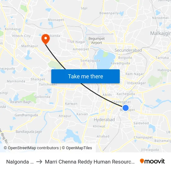 Nalgonda X Roads to Marri Chenna Reddy Human Resources Development Institute map