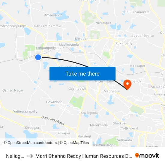 Nallagandla to Marri Chenna Reddy Human Resources Development Institute map