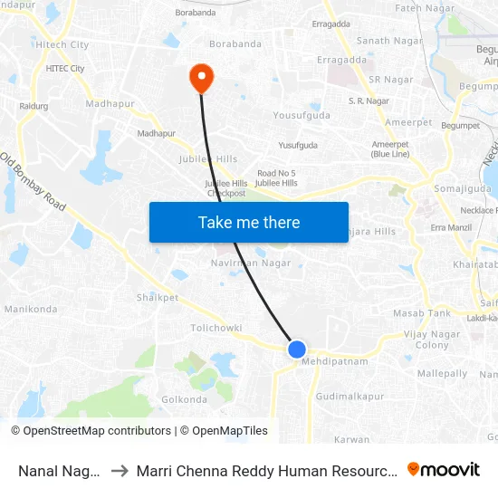 Nanal Nagar X Road to Marri Chenna Reddy Human Resources Development Institute map