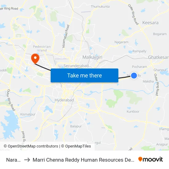 Narapally to Marri Chenna Reddy Human Resources Development Institute map