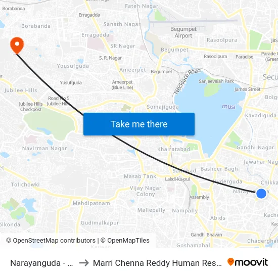 Narayanguda - Deepak Theatre to Marri Chenna Reddy Human Resources Development Institute map