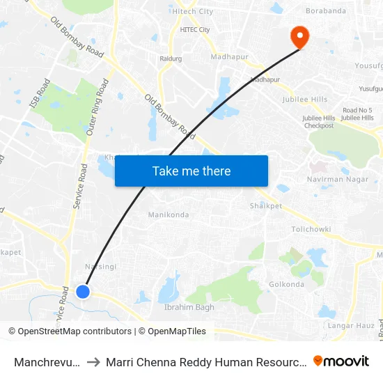 Manchrevula X Road to Marri Chenna Reddy Human Resources Development Institute map