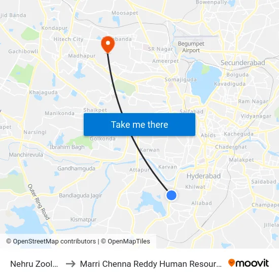 Nehru Zoological Park to Marri Chenna Reddy Human Resources Development Institute map
