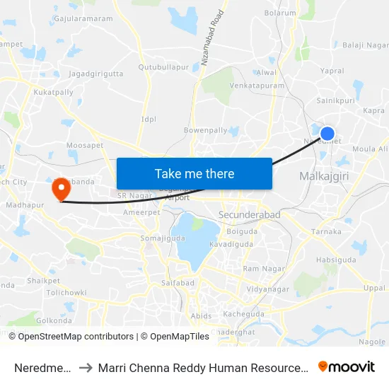 Neredmet Old Ps to Marri Chenna Reddy Human Resources Development Institute map