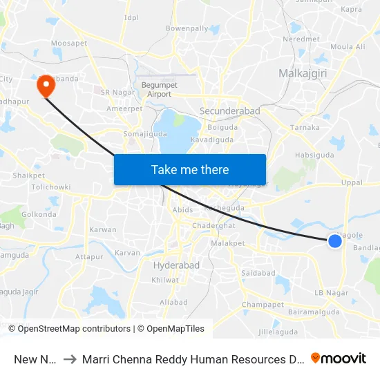 New Nagole to Marri Chenna Reddy Human Resources Development Institute map