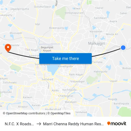 N.F.C. X Roads Secunderabad to Marri Chenna Reddy Human Resources Development Institute map