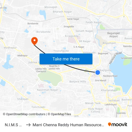 N.I.M.S Hospital to Marri Chenna Reddy Human Resources Development Institute map