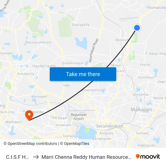 C.I.S.F Hakimpet to Marri Chenna Reddy Human Resources Development Institute map
