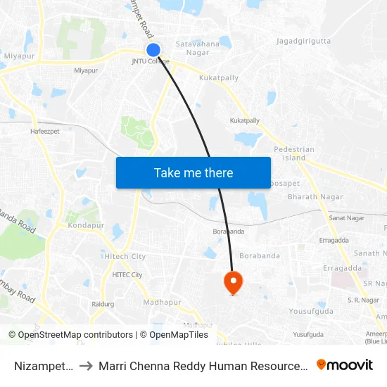 Nizampet X Road to Marri Chenna Reddy Human Resources Development Institute map