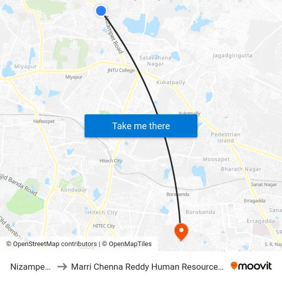 Nizampet Village to Marri Chenna Reddy Human Resources Development Institute map
