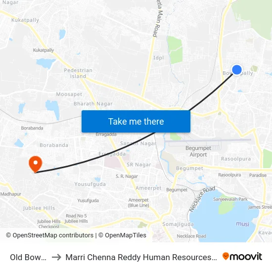 Old Bowenpally to Marri Chenna Reddy Human Resources Development Institute map
