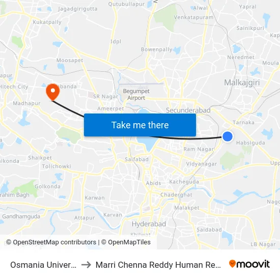 Osmania University Arts College to Marri Chenna Reddy Human Resources Development Institute map