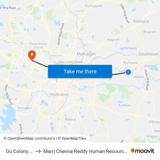 Ou Colony Bus Stop to Marri Chenna Reddy Human Resources Development Institute map