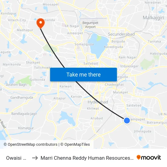 Owaisi Hospital to Marri Chenna Reddy Human Resources Development Institute map