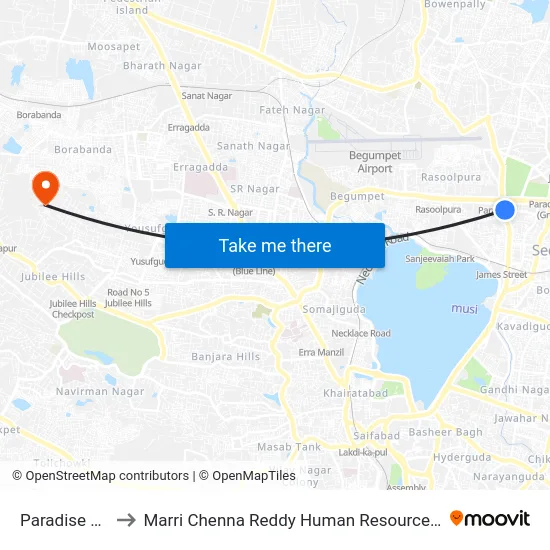 Paradise Bus Stop to Marri Chenna Reddy Human Resources Development Institute map