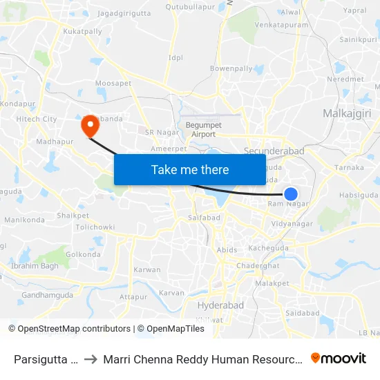 Parsigutta Bus Stop to Marri Chenna Reddy Human Resources Development Institute map
