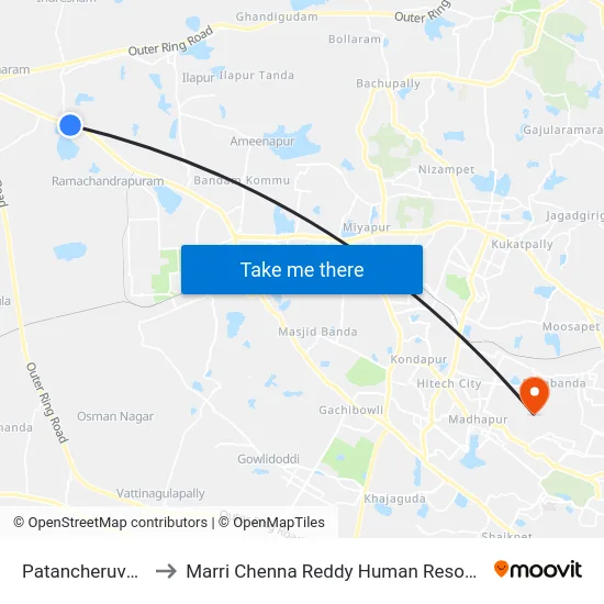 Patancheruvu Bus Station to Marri Chenna Reddy Human Resources Development Institute map