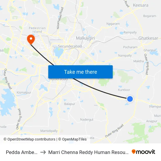 Pedda Amberpet X Road to Marri Chenna Reddy Human Resources Development Institute map
