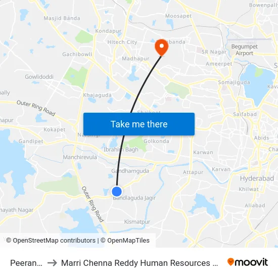 Peerancheru to Marri Chenna Reddy Human Resources Development Institute map