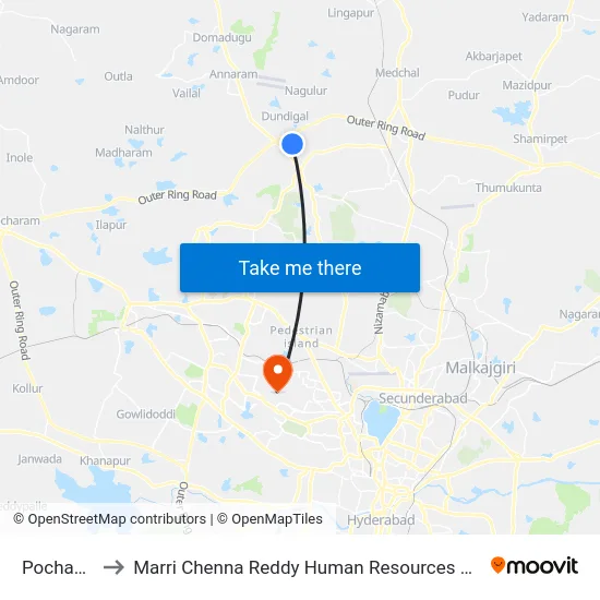 Pochampally to Marri Chenna Reddy Human Resources Development Institute map
