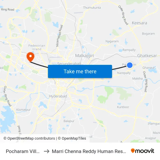 Pocharam Village Main Road to Marri Chenna Reddy Human Resources Development Institute map