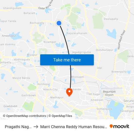 Pragathi Nagar Bus Stop to Marri Chenna Reddy Human Resources Development Institute map