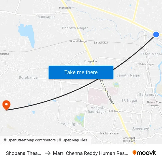 Shobana Theatre (Balanagar) to Marri Chenna Reddy Human Resources Development Institute map