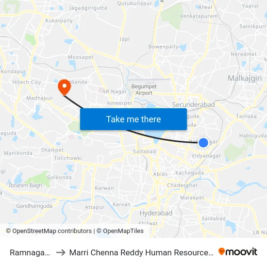 Ramnagar X Road to Marri Chenna Reddy Human Resources Development Institute map