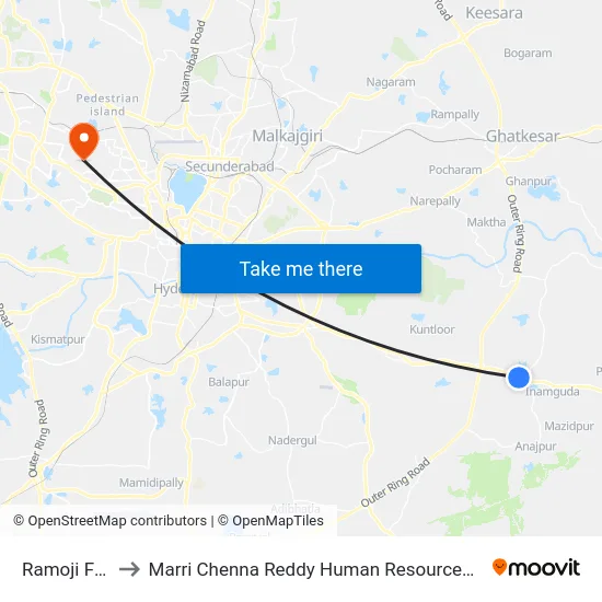 Ramoji Film City to Marri Chenna Reddy Human Resources Development Institute map