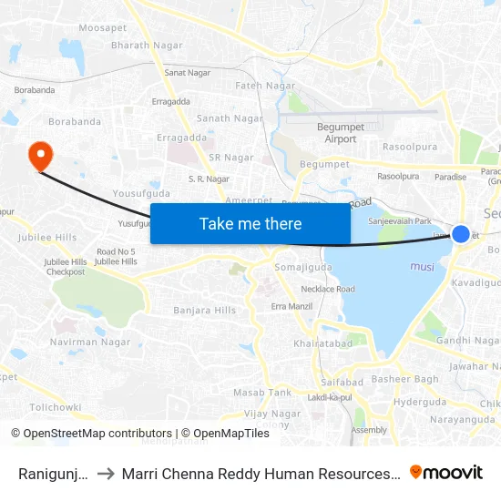 Ranigunj Bridge to Marri Chenna Reddy Human Resources Development Institute map