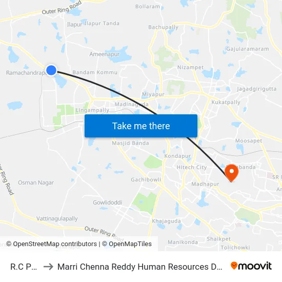 R.C Puram to Marri Chenna Reddy Human Resources Development Institute map