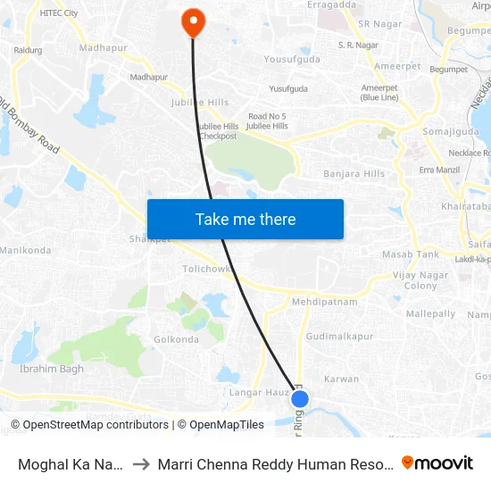 Moghal Ka Nala (Ring Road) to Marri Chenna Reddy Human Resources Development Institute map