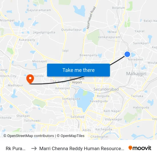 Rk Puram Bridge to Marri Chenna Reddy Human Resources Development Institute map
