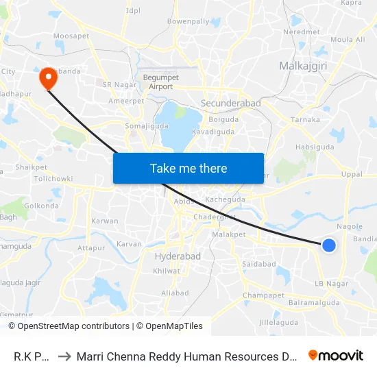 R.K Puram to Marri Chenna Reddy Human Resources Development Institute map
