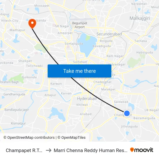 Champapet R.T.C Colony / I.B.P to Marri Chenna Reddy Human Resources Development Institute map