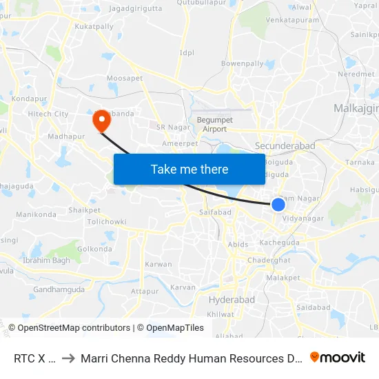 RTC X Road to Marri Chenna Reddy Human Resources Development Institute map