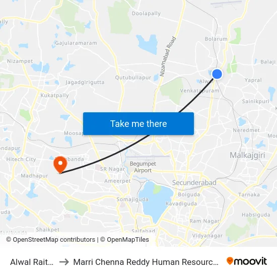 Alwal Raithu Bazar to Marri Chenna Reddy Human Resources Development Institute map