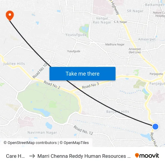 Care Hospital to Marri Chenna Reddy Human Resources Development Institute map