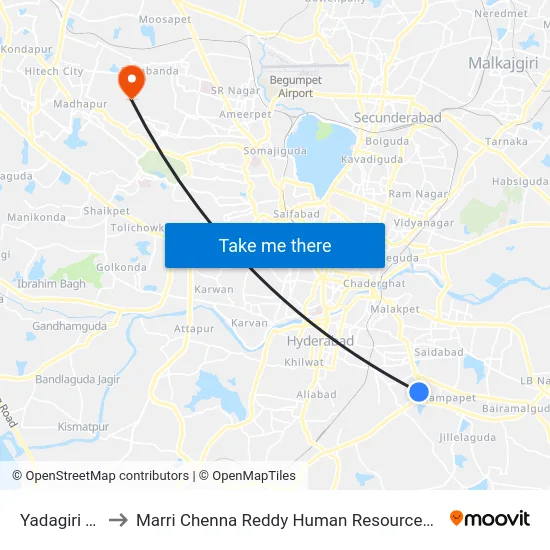 Yadagiri Theatre to Marri Chenna Reddy Human Resources Development Institute map