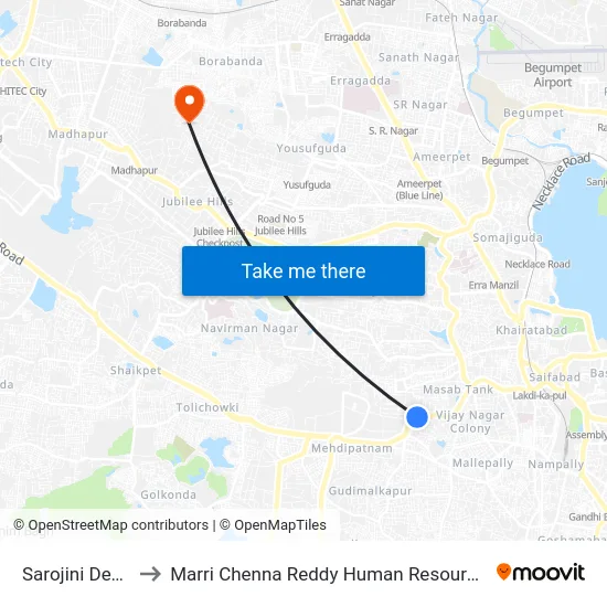 Sarojini Devi Hospital to Marri Chenna Reddy Human Resources Development Institute map