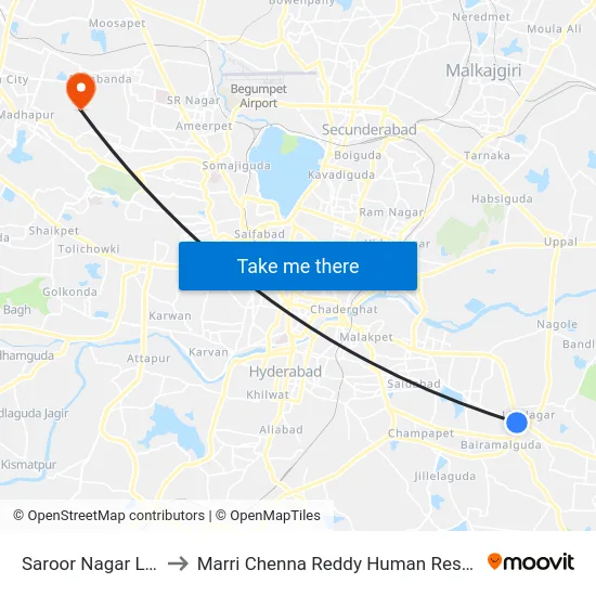 Saroor Nagar L.B. Nagar Road to Marri Chenna Reddy Human Resources Development Institute map