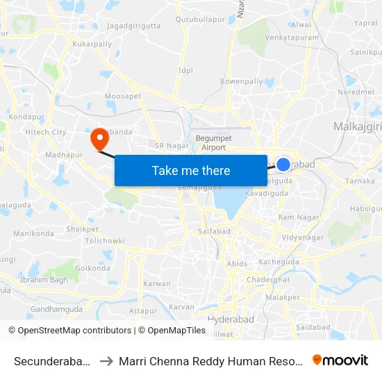 Secunderabad Bus Station to Marri Chenna Reddy Human Resources Development Institute map
