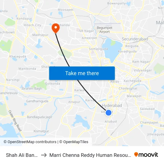 Shah Ali Banda Bus Stop to Marri Chenna Reddy Human Resources Development Institute map