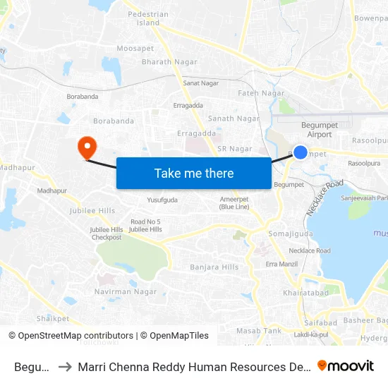 Begumpet to Marri Chenna Reddy Human Resources Development Institute map