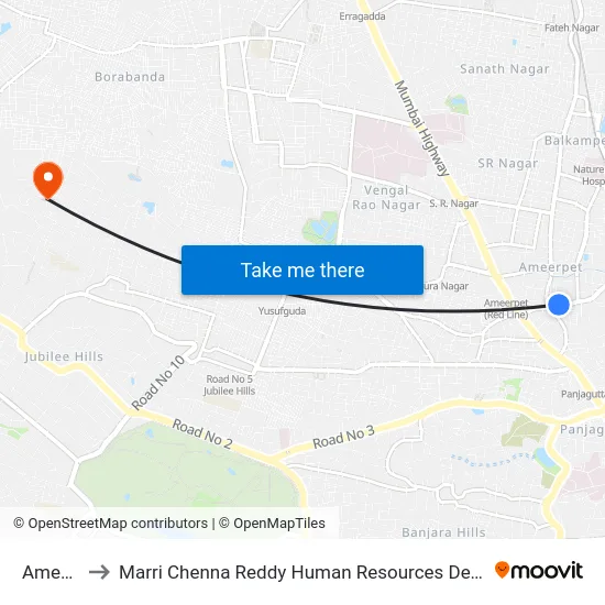 Ameerpet to Marri Chenna Reddy Human Resources Development Institute map