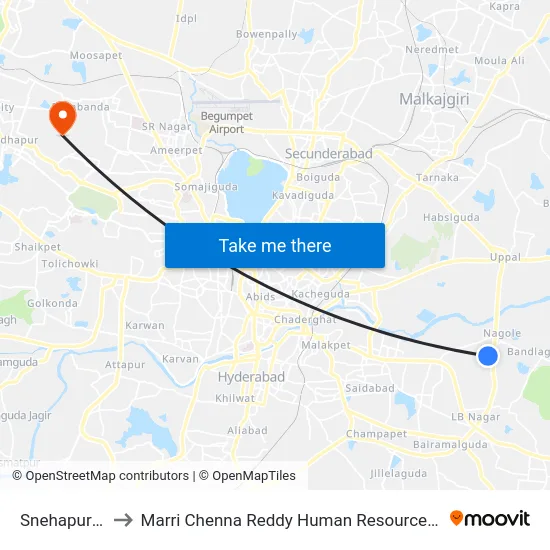 Snehapuri Colony to Marri Chenna Reddy Human Resources Development Institute map