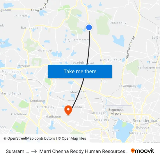 Suraram X Road to Marri Chenna Reddy Human Resources Development Institute map